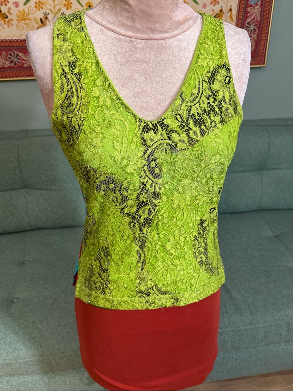 Custo Barcelona Vintage neon green lace Turquoise Cotton Festival Sleeveless Top
